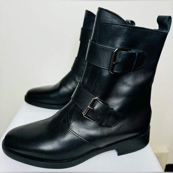 NEW Emanuele Crasto Women’s Double Buckle Moto  Black Leather Boots Size 8 / 39 - Picture 1 of 12